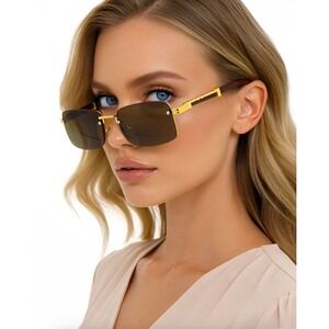 Women Luxury Trendy Classy Gem Cut Brown Tint Gold Frame Rectangle Sunglasses
